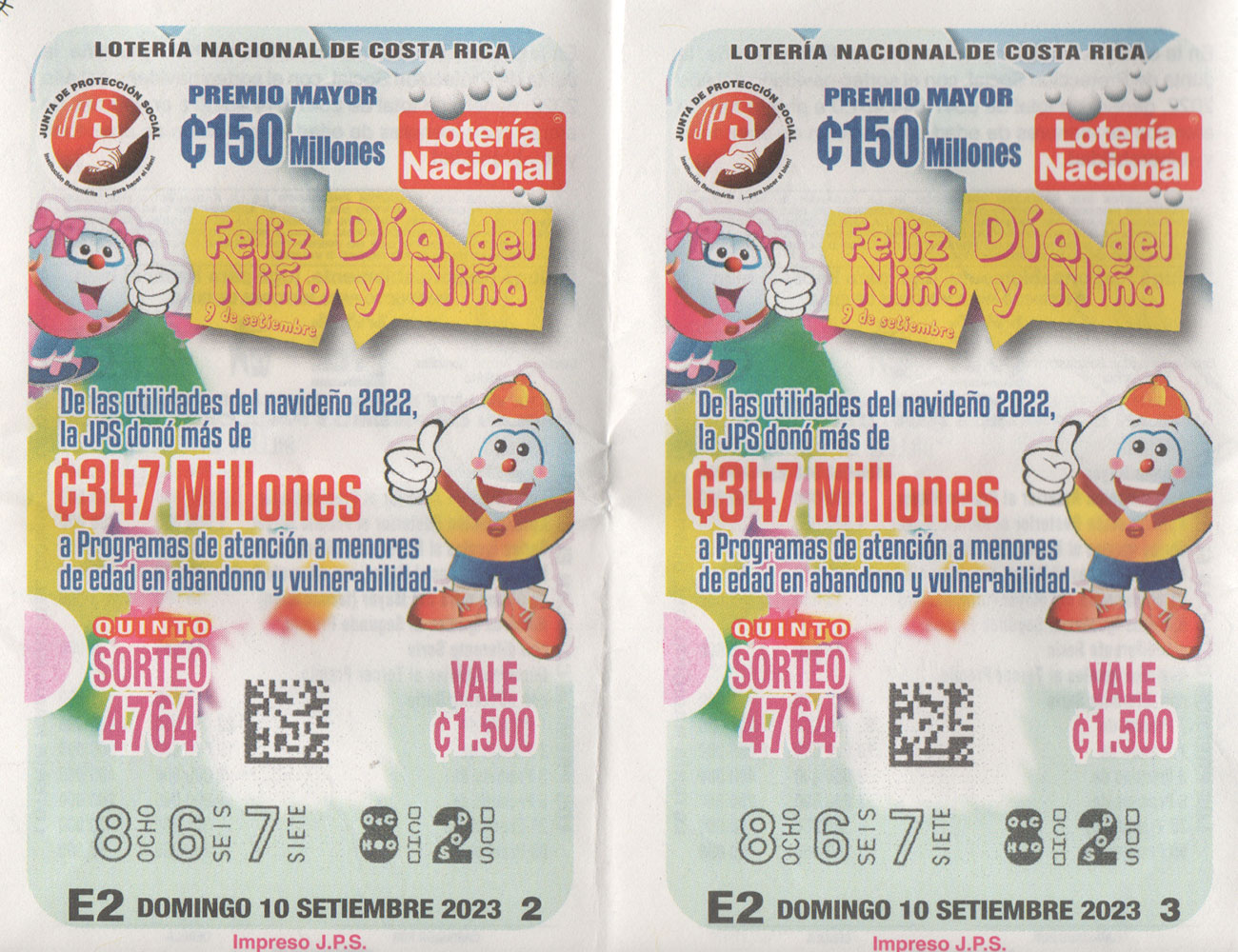 Loteria 867-82 / JPS, Día del Niño o Niña, Domingo-10092023